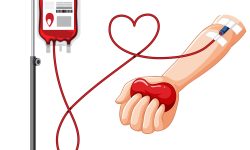 Blood donation symbol with hand and blood bag illustration